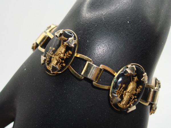 Vintage 1960s Asian-Inspired Reverse Carved Glass Bracelet - Gold Tone, Estate Find