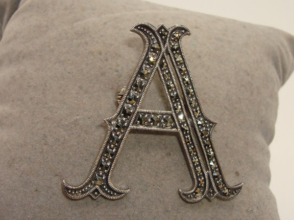 Vintage Sterling Silver & Marcasite 'A' Brooch Pin - W Maker, Elegant Design