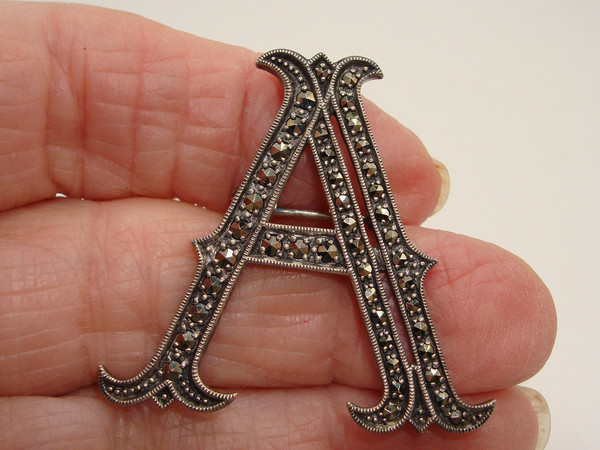 Vintage Sterling Silver & Marcasite 'A' Brooch Pin - W Maker, Elegant Design