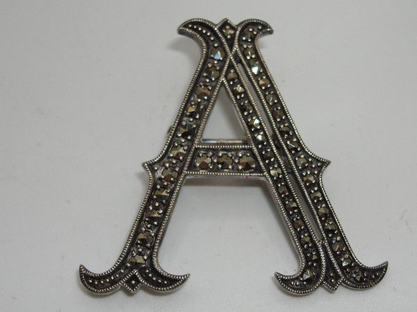 Vintage Sterling Silver & Marcasite 'A' Brooch Pin - W Maker, Elegant Design