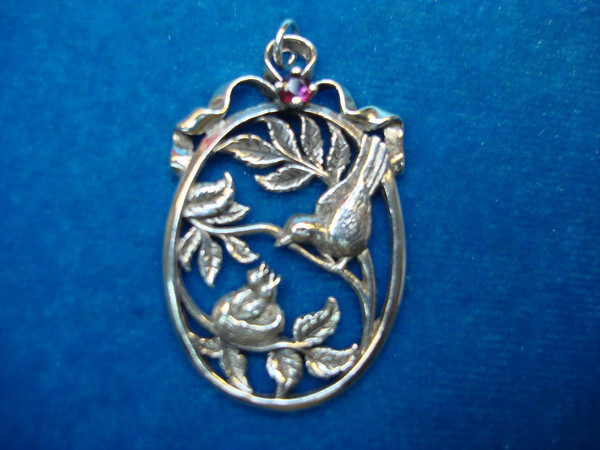 Vintage Franklin Mint Sterling Silver Bird & Young Pendant with Red Topaz - 1984