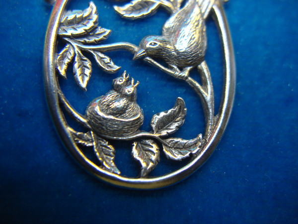 Vintage Franklin Mint Sterling Silver Bird & Young Pendant with Red Topaz - 1984