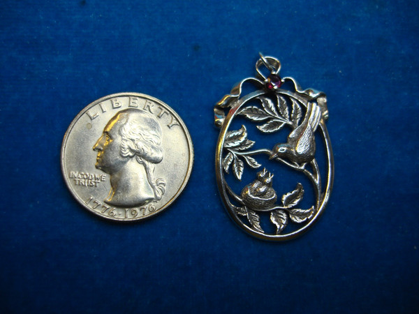 Vintage Franklin Mint Sterling Silver Bird & Young Pendant with Red Topaz - 1984