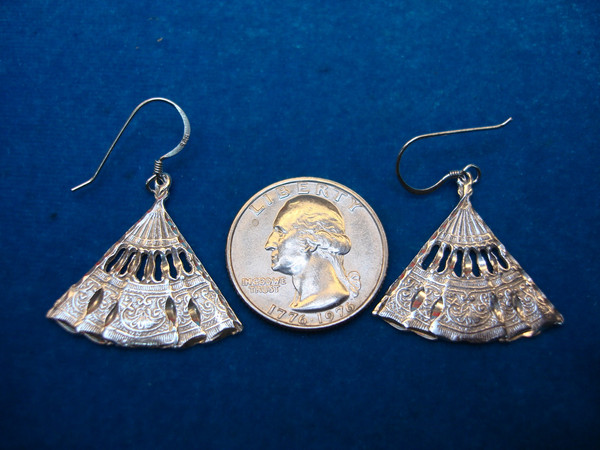 Vintage Sterling Silver Fan Earrings - Fish Hook Hangers, Excellent Condition
