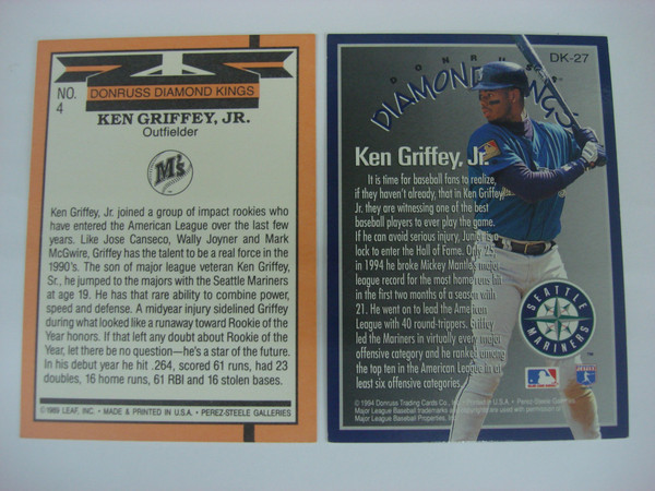 Ken Griffey Jr. Donruss Diamond Kings Set (1990 #4 Rookie & 1995 #DK-27) - Seattle Mariners