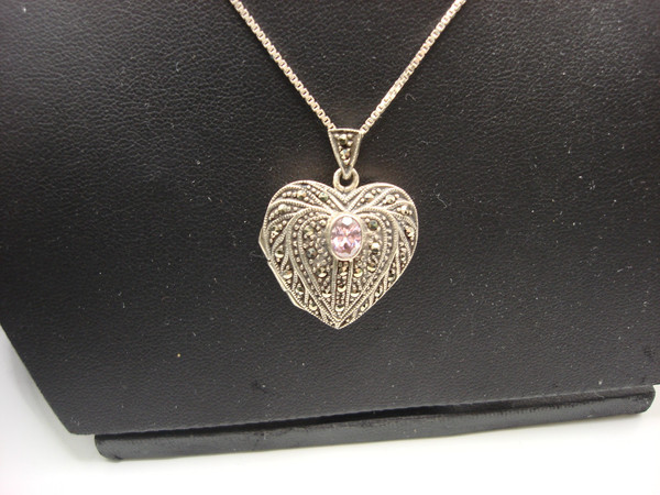 925 Sterling Silver Marcasite Heart Locket Necklace - Italian Design, Pink Gemstone