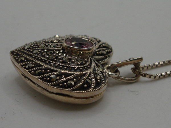 925 Sterling Silver Marcasite Heart Locket Necklace - Italian Design, Pink Gemstone