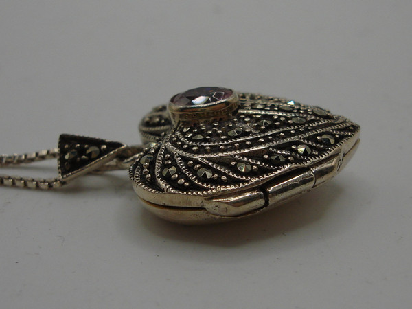 925 Sterling Silver Marcasite Heart Locket Necklace - Italian Design, Pink Gemstone