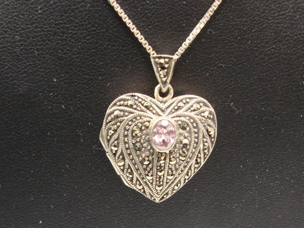 925 Sterling Silver Marcasite Heart Locket Necklace - Italian Design, Pink Gemstone