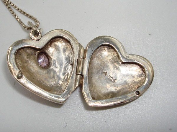 925 Sterling Silver Marcasite Heart Locket Necklace - Italian Design, Pink Gemstone