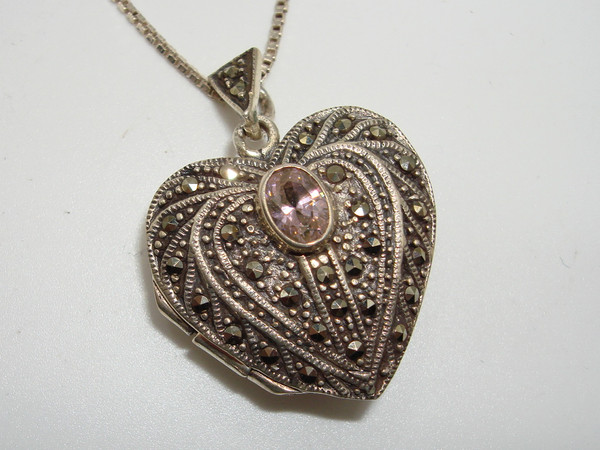 925 Sterling Silver Marcasite Heart Locket Necklace - Italian Design, Pink Gemstone