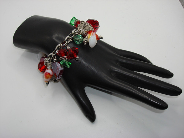 Vintage Christmas Charm Bracelet | Art Glass & Tree Charms, 8 Inch Silver Metal