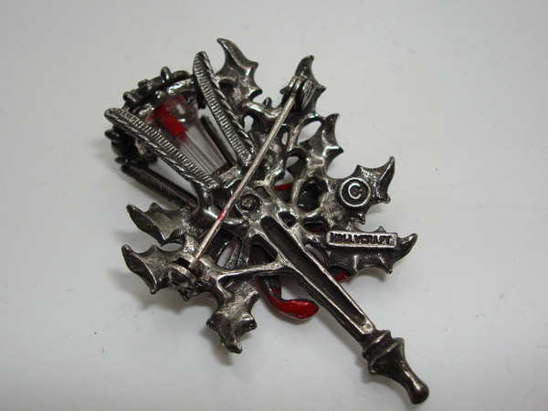 Vintage Hollycraft Christmas Lantern Brooch (1950s-60s) - Red Dangle, Festive Holiday Jewelry