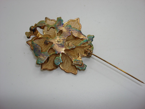 Vintage Kenneth Cole Poinsettia Brooch - Gold Tone Mesh & Enamel Holiday Statement Piece