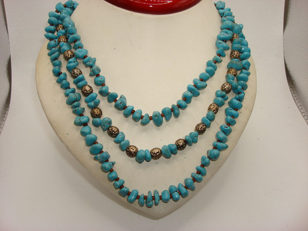 Vintage Turquoise Beaded Necklace - Three-Strand, Adjustable 14.5