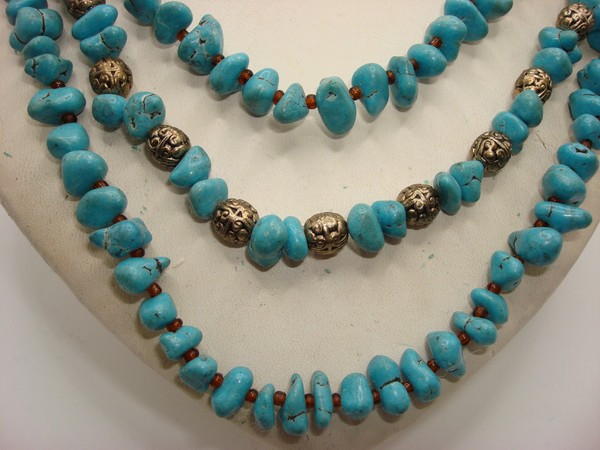 Vintage Turquoise Beaded Necklace - Three-Strand, Adjustable 14.5