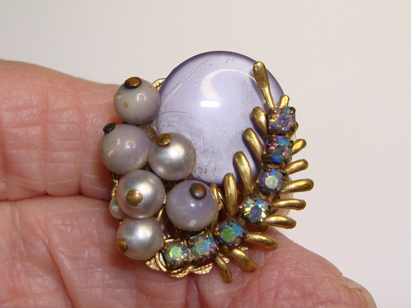 Vintage Rhinestone & Faux Pearl Clip-on Earrings - Purple Lucite | Possibly Weiss