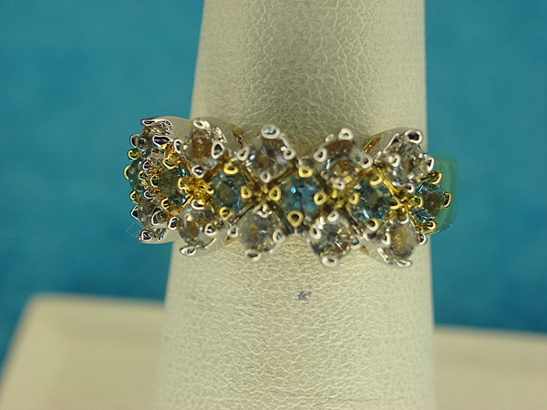 Sparkling Gold Tone Fashion Ring with Blue & Clear Stones (Size 6 3/4) - Pre-Owned