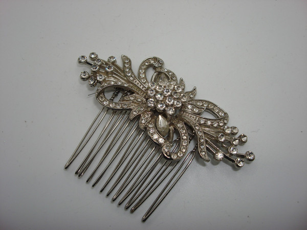 Vintage Silver Bridal Hair Comb - Sparkling Rhinestones, Floral Design