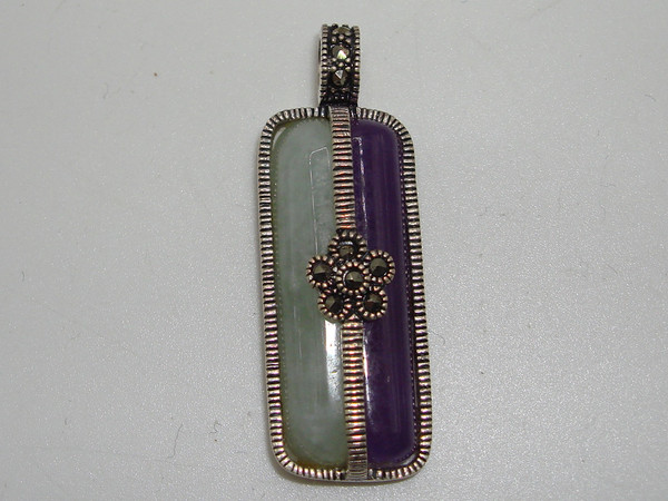 Sterling Silver Jade & Amethyst Pendant with Marcasites - 925