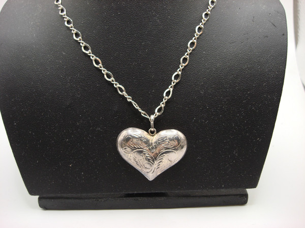 Vintage Sterling Silver Puffy Heart Pendant Necklace | 925 Hallmark, 1 Inch Heart Charm