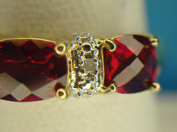 Sterling Silver Red Stone Ring with Gold Vermeil & Diamonds - Size 8