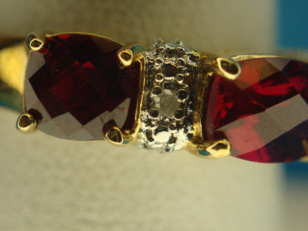 Sterling Silver Red Stone Ring with Gold Vermeil & Diamonds - Size 8