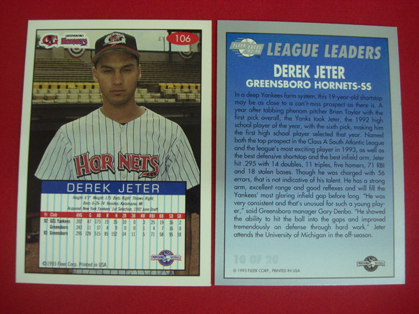 Derek Jeter 1993-94 Fleer Excel Rookie Cards - Greensboro Hornets #106 & League Leaders #10