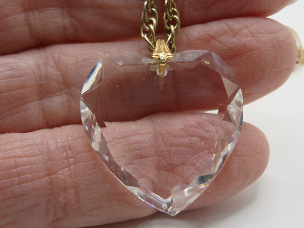 Vintage Rock Crystal Heart Pendant Necklace - Estate Find, Gold Tone Chain & Facetted Sparkle