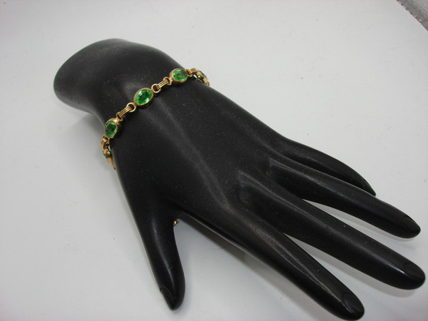 Vintage Gold Filled Bezel Set Faux Peridot Bracelet - 7 Inches