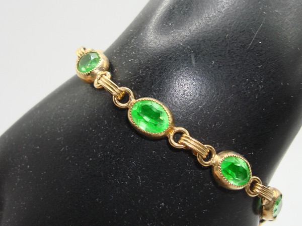Vintage Gold Filled Bezel Set Faux Peridot Bracelet - 7 Inches