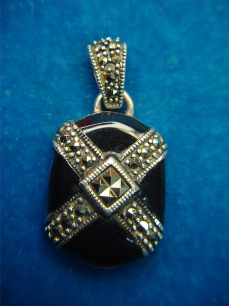 Sterling Silver Onyx & Marcasite Pendant - Elegant Statement Piece