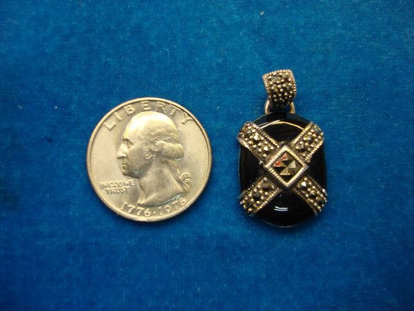 Sterling Silver Onyx & Marcasite Pendant - Elegant Statement Piece