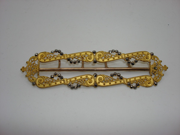 Antique 19th Century Gold-Washed Brass Buckle with Marcasites -  Rare Vintage Jewelry