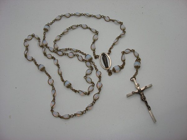 Vintage Silver Tone Opal Glass Bead Rosary - 32 Inch, Holy Mother Medal & Crucifix