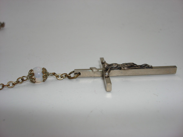 Vintage Silver Tone Opal Glass Bead Rosary - 32 Inch, Holy Mother Medal & Crucifix