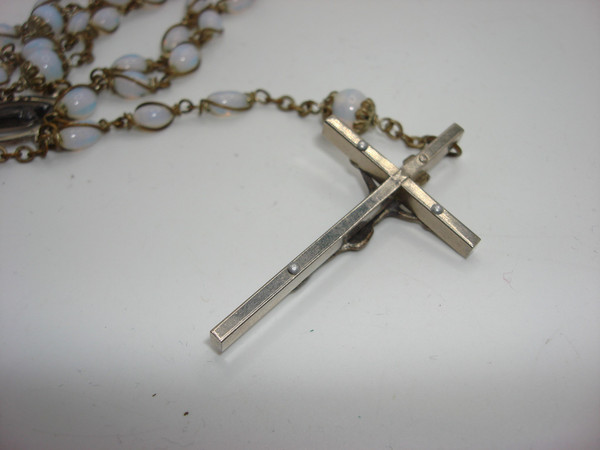 Vintage Silver Tone Opal Glass Bead Rosary - 32 Inch, Holy Mother Medal & Crucifix