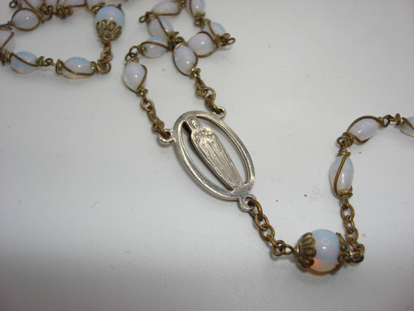 Vintage Silver Tone Opal Glass Bead Rosary - 32 Inch, Holy Mother Medal & Crucifix