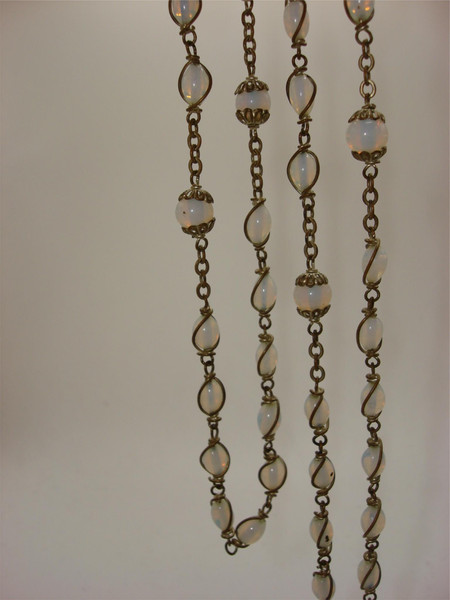 Vintage Silver Tone Opal Glass Bead Rosary - 32 Inch, Holy Mother Medal & Crucifix