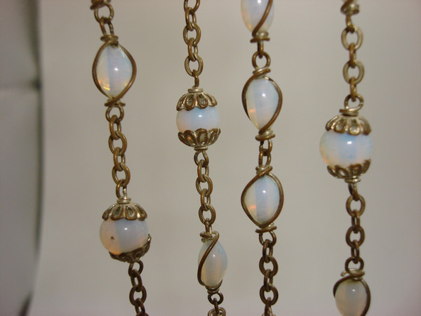 Vintage Silver Tone Opal Glass Bead Rosary - 32 Inch, Holy Mother Medal & Crucifix