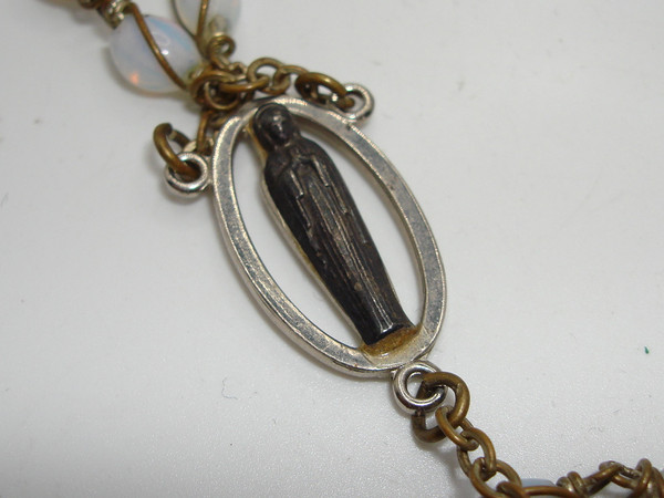 Vintage Silver Tone Opal Glass Bead Rosary - 32 Inch, Holy Mother Medal & Crucifix