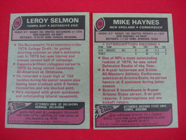 1977 Topps Football Cards - LeRoy Selmon (#29) & Mike Haynes (#50) All-Pro - Vintage NFL Trading Cards