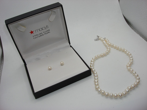 Vintage Macy's Sterling Silver Cultured Pearl Necklace & Earrings Set - New in Box