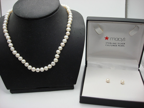 Vintage Macy's Sterling Silver Cultured Pearl Necklace & Earrings Set - New in Box