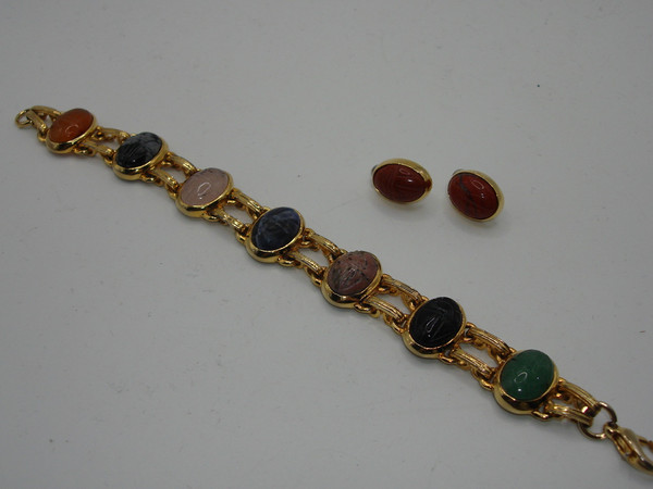 Vintage Gold-Tone Carved Scarab Bracelet & Earring Set - Genuine Beetles
