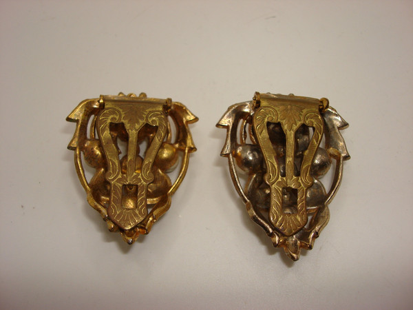 Antique Art Nouveau Gold Tone Fur Clips with Faux Pearls & Rhinestones