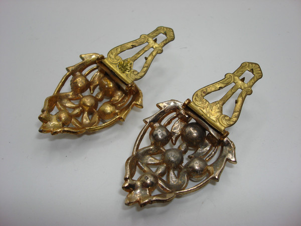 Antique Art Nouveau Gold Tone Fur Clips with Faux Pearls & Rhinestones