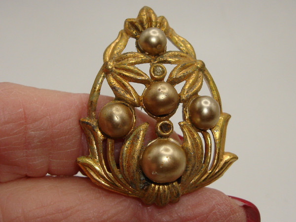 Antique Art Nouveau Gold Tone Fur Clips with Faux Pearls & Rhinestones