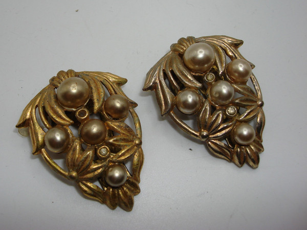 Antique Art Nouveau Gold Tone Fur Clips with Faux Pearls & Rhinestones