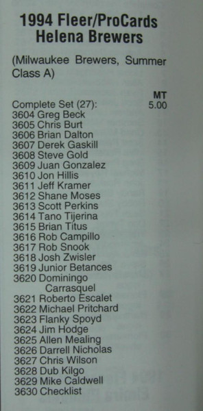 1994 Fleer ProCards Helena Brewers Minor League Baseball Team Set (Milwaukee Brewers Affiliate) - Sealed & Complete